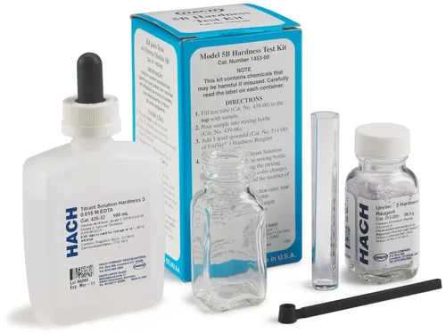 Kit de prueba de dureza total Hach, Modelo 5-B, Kit de análisis de agua para valoración por cuenta de gotas, con 2 reactivos, tubo de medición,