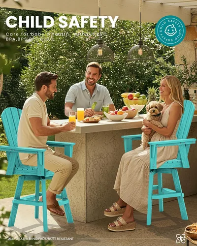 Vista 5 de SERWALL Silla de bar Adirondack giratoria de HDPE, silla Adirondack giratoria para balcón, taburetes de bar de altura de barra al aire libre