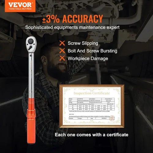 Vista 2 de VEVOR Llave dinamométrica de 1/2 pulgada con clic, escalas de doble rango mecánicas 10-150 pies.libras/14-204 Nm, de doble dirección ajustable