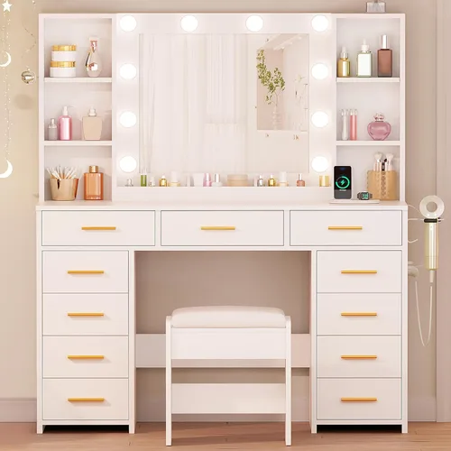 Vista 4 de Mesa de tocador de maquillaje ANWBROAD con espejo y luces, mesa de tocador blanca con toma de corriente, 11 cajones, 9 estantes, 3 modos