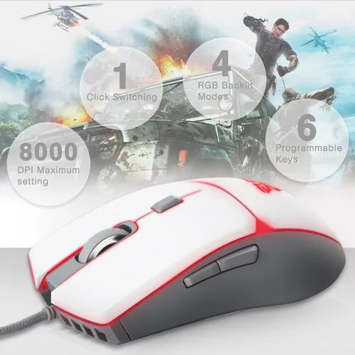 Vista 4 de Fantech Mouse ligero para juegos con cable blanco 8000 DPI 4 modos de retroiluminación RGB 6 botones programables mouse ergonómico para computadora