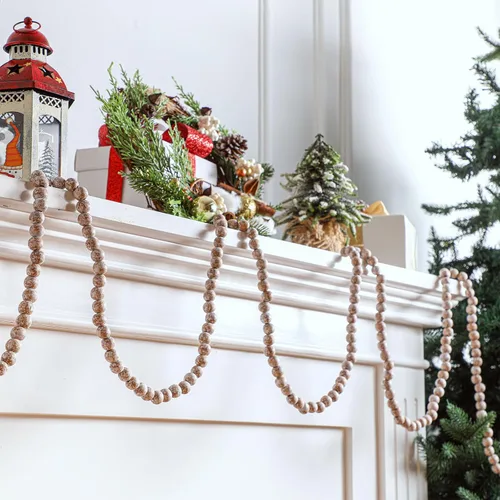 Vista 5 de FairySandy Guirnalda de cuentas de madera de Navidad de 39.3 pies, guirnalda redonda de cuentas de madera esmerilada, decoración rústica de Navidad