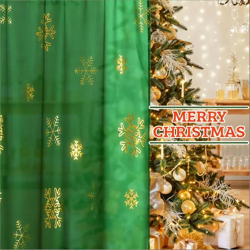 Vista 6 de MikiUp Cortinas traslúcidas de copos de nieve de Navidad, cortinas semitransparentes con estampado de lámina dorada, bolsillo para barra, decoración