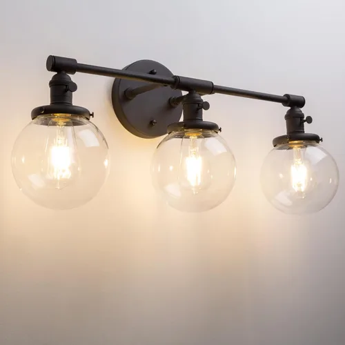 Vista 17 de PERMO Apliques de pared doble vintage industriales antiguos con 2 luces con doble cúpula de vidrio transparente claro de 5.9" redonda (Negro)