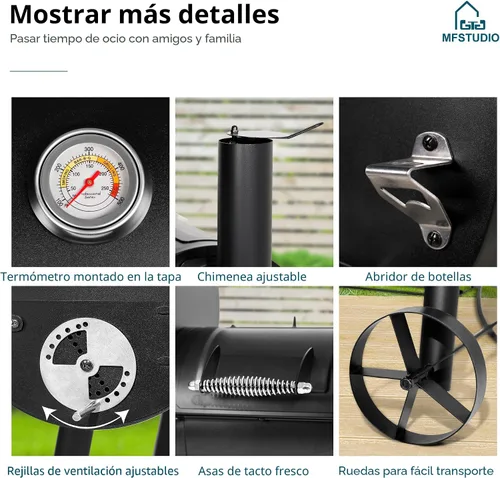 Vista 8 de MFSTUDIO Parrilla ahumadora de madera de carbón resistente para exteriores, parrilla de carbón con ahumador combinado para asar a la barbacoa, 512