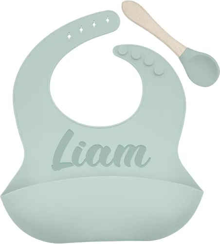Set de babero y cuchara de silicona personalizado con nombre personalizado, para bebés/niños pequeños duradero ajustable con bolsillo para niño y