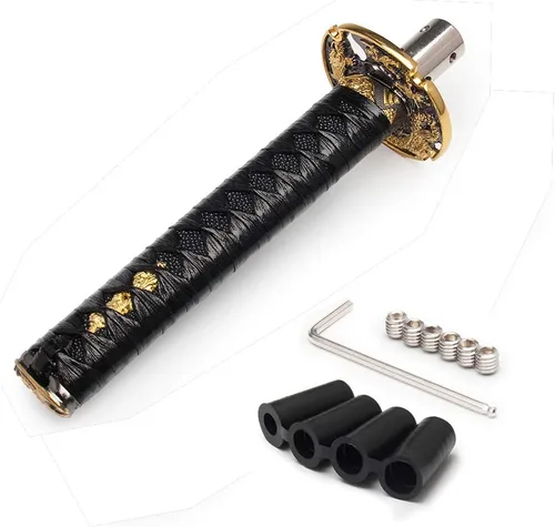 Palanca de cambios estilo katana samurái, disco de corte universal, ajuste para autos manuales con adaptadores, negro + negro (20 cm)