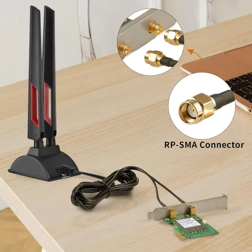 Vista 8 de Antena WiFi 6E 6GHz 5GHz 2.4GHz Gaming Antena WiFi Base magnética con cable de extensión de 6.5 pies para computadora de escritorio PC Tarjeta PCIe