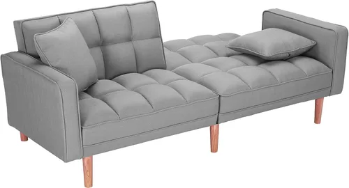 Vista 21 de Sofá cama tipo futón convertible, moderno sofá cama plegable tapizado de lino con dos almohadas, sofá cama de 75 pulgadas para sala de estar
