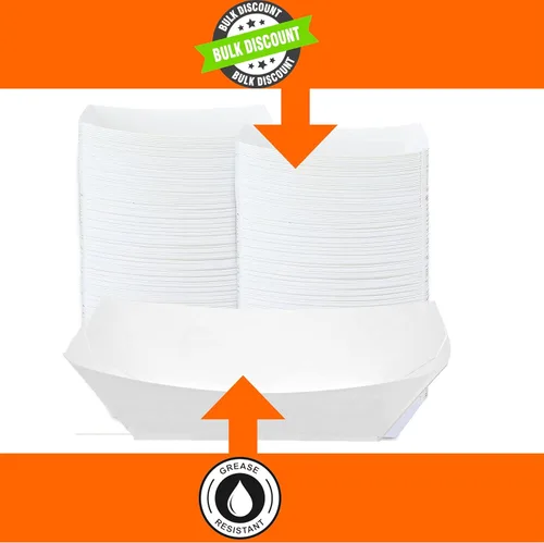 Vista 5 de Bandejas de papel para alimentos, botes blancos lisos. Mediano (2.5 libras). Paquete de 50 botes desechables y reciclables. Para condimentos
