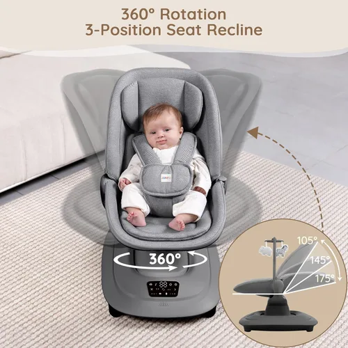 Vista 4 de Columpios para bebés, columpios eléctricos con movimiento 3D y 7 modos, arnés de 5 puntos, control por APP, 12 melodías preestablecidas, columpio