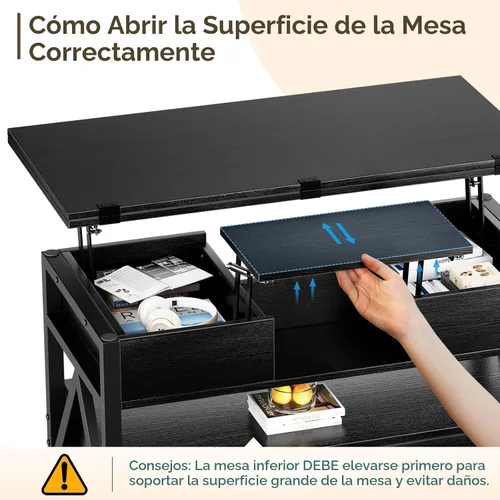 Vista 6 de Memobarco Mesa de Centro con Tapa Elevable de 40", Mesas de Centro Elevables Multifunción 4 en 1 con Cajones de Almacenamiento y Compartimento