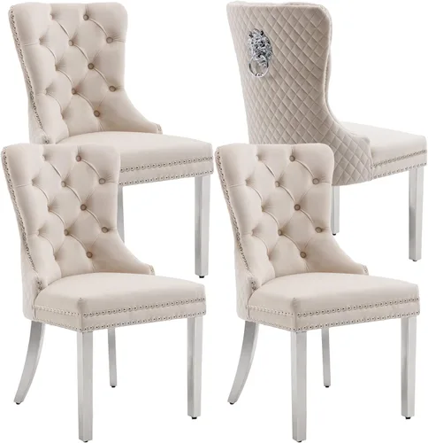 Vista 38 de KCC Juego de 2 sillas de comedor tapizadas de terciopelo, modernas sillas capitoné con botones con anillo de cabeza de león y patas de acero
