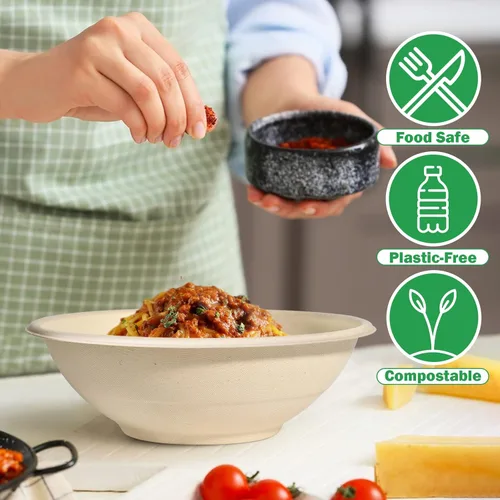 Vista 4 de Cuencos de papel grandes desechables de 32 onzas, paquete de 50 cuencos resistentes para sopa caliente, cuencos compostables biodegradables, cuencos