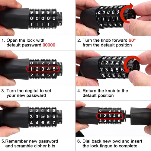 Vista 4 de MEETLOCKS Cerradura de cadena de bicicleta de 3.2 pies, combinación de 5 dígitos, alta seguridad, antirrobo, 0.236 in, resistente, reiniciable, sin