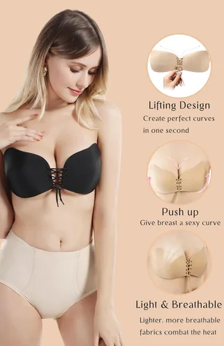 Vista 4 de Brasier sin tirantes, 2 pares de brasier sin espalda, adhesivo, invisible, brasier push up para mujer