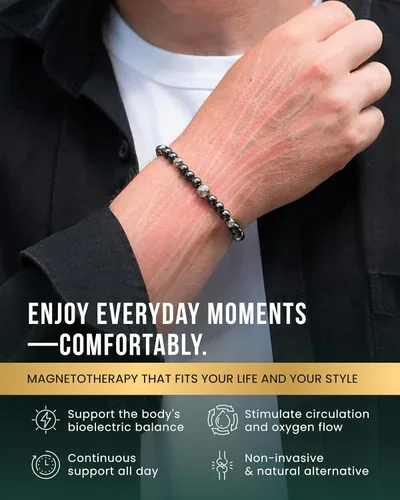 Vista 2 de MagnetRX® Pulsera magnética de hematita, piedras magnéticas de máxima resistencia con dijes de acero inoxidable, elegantes pulseras de cuentas