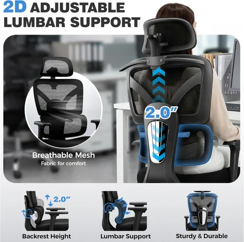 Vista 6 de Silla ergonómica de escritorio de oficina, silla de oficina de malla de respaldo alto con soporte lumbar ajustable, reposacabezas 3D, sillas de Negro