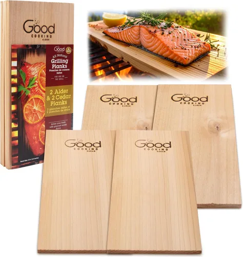 Good Cooking Paquete de 4 tablones de parrilla de alta calidad, 2 cedro y 2 madera de aliso (5.5 x 11.5 pulgadas), tablones de madera natural para