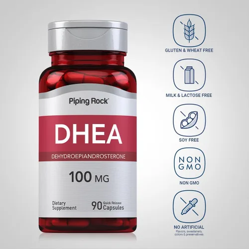 Vista 3 de Piping Rock Suplemento DHEA de 100 mg para hombres y mujeres 90 cápsulas Deshidroepiandrosterona Sin OMG, sin gluten