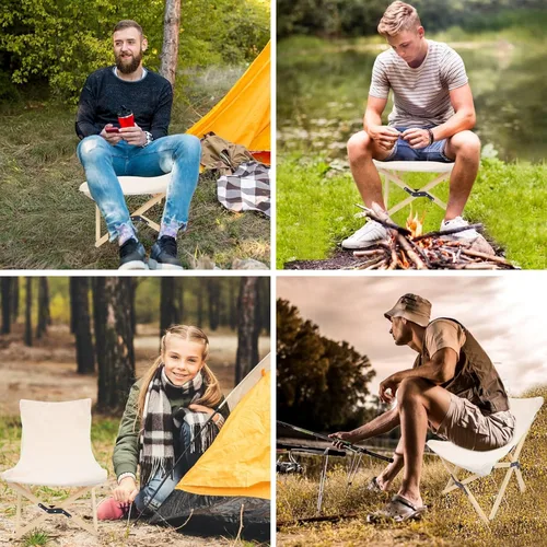 Vista 9 de Zerodeko Portable Folding Camping Chair with Sturdy Pine Wood Frame and White Canvas Lightweight Outdoor Stool for Fishing Hiking Sketching Picnic
