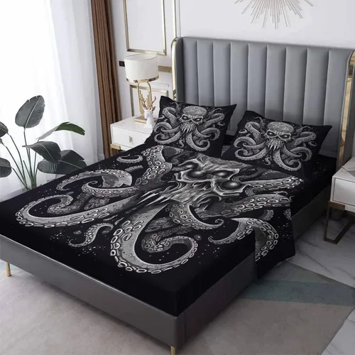 Vista 9 de Octopus Sheets - Juego de sábanas de tamaño individual, sábanas de microfibra suave, bolsillo profundo, sábanas y fundas de almohada estampadas sin