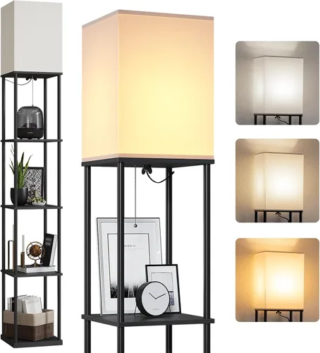 Vista 17 de SUNMORY Lámpara de pie con estantes, moderna lámpara de pie cuadrada con bombilla de temperatura de 3 colores, lámpara de estantería de exhibición