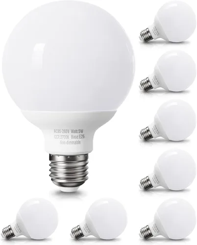 Paquete de 8 bombillas LED de color blanco cálido para baño, equivalente a 120 V 60 vatios, base media E26, bombillas redondas de tocador, bombillas