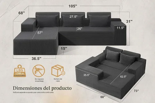 Vista 3 de Sofá modular modular de 101 pulgadas con otomana, sofás grandes y cómodos de nube, sofá modular de 4 asientos en forma de L, sofás seccionales