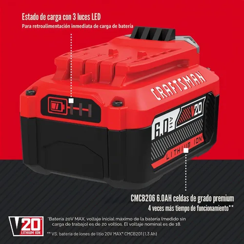 Vista 5 de Batería de herramienta eléctrica de iones de litio CRAFTSMAN V20 6Ah (CMCB206)