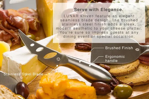 Vista 8 de Lunar - Juego de cuchillos de queso de 6 piezas, colección de cuchillos de queso de acero inoxidable de alta calidad, accesorios para tabla
