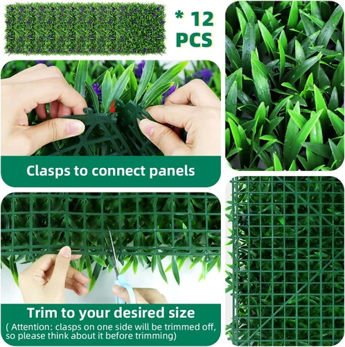 Vista 3 de Pared de césped artificial, 12 piezas de 20 x 20 pulgadas, flores de lavanda, seto topiario, plantas de césped, paneles de fondo de pared