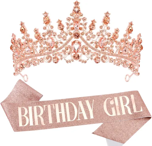 Vista 11 de VELSCRUN Coronas de Tiara de Cumpleaños para Mujeres y Niñas, Diadema de Cumpleaños de Cristal para Niñas, Fajas Elegantes de Princesa, Corona Feliz