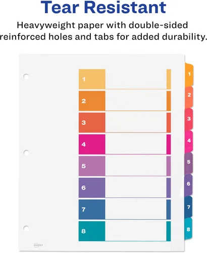 Vista 6 de Avery Extra-Wide 8 Tab Dividers for 3 Ring Binders, Customizable Table of Contents, Multicolor Tabs, 1 Set (11163)