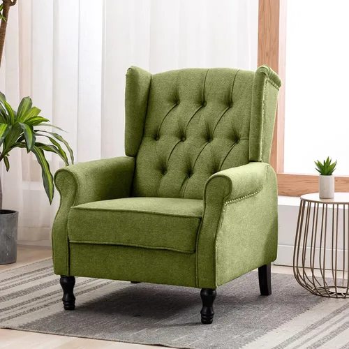 Vista 17 de Artechworks Silla decorativa moderna de tela alada, silla de club con brazos copetudos, sofá individual de lino con patas de madera, cómoda tapizada