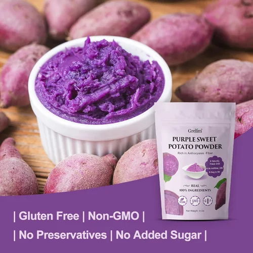Vista 5 de Grelim Polvo de Batata Dulce Morada Premium 8 Oz, Polvo Puro y Natural de Ube (Batata Morada) Sin Gluten, Vegano, Sin Transgénicos, 227g