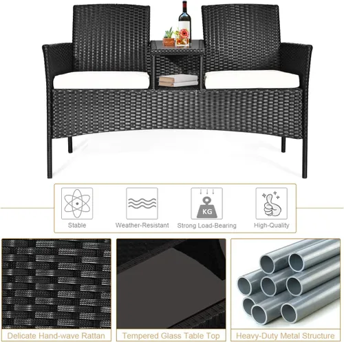 Vista 5 de Sofá biplaza para exteriores, silla de 2 asientos con mesa, cojines, mesa de vidrio templado, juego de muebles de conversación de mimbre para patio