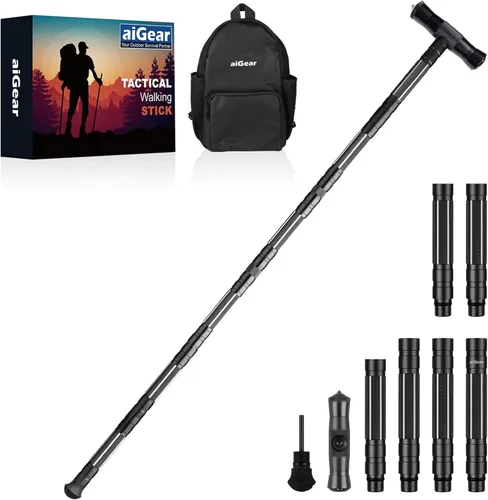 aiGear G2 Tactical Hiking Stick, Heavy-Duty 6-8 Section Adjustable Walking Staff for Men Women, Aerospace Aluminum Trekking Poles with Multi-Tool