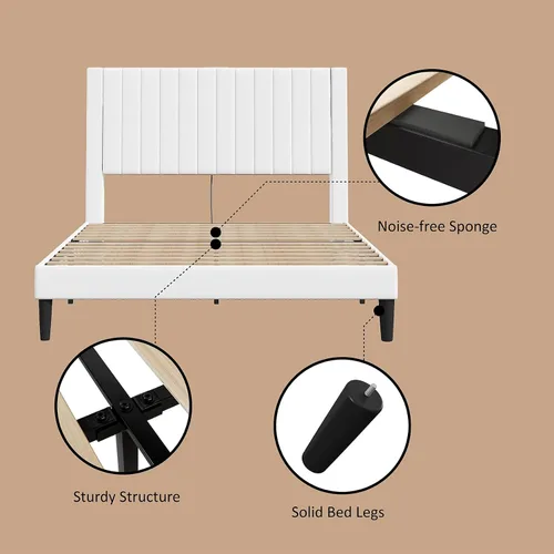 Vista 5 de Base de cama tamaño Queen tapizada en terciopelo con estación de carga, soporte de listones de madera, base de colchón, somier opcional, color blanco