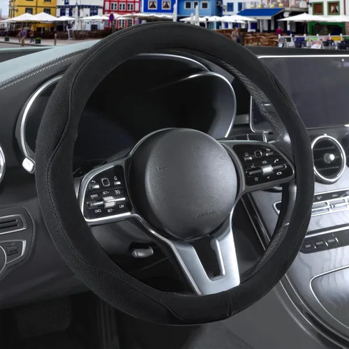 Vista 14 de Funda para volante en forma de D de gamuza negra de 14 pulgadas, transpirable, antideslizante, a prueba de sudor, resistente al desgaste, sin