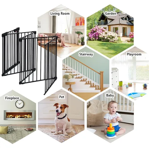 Vista 9 de Costzon Puerta de seguridad para bebés, 121 pulgadas de longitud 5 paneles ajustable de valla ancha para chimenea, puerta de metal para barbacoa