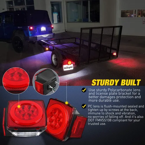 Vista 3 de Nilight Kit de 2 luces LED cuadradas para remolque con halo Glow sumergible, luz de parada y cola lateral, luz de licencia para remolque de 12 V