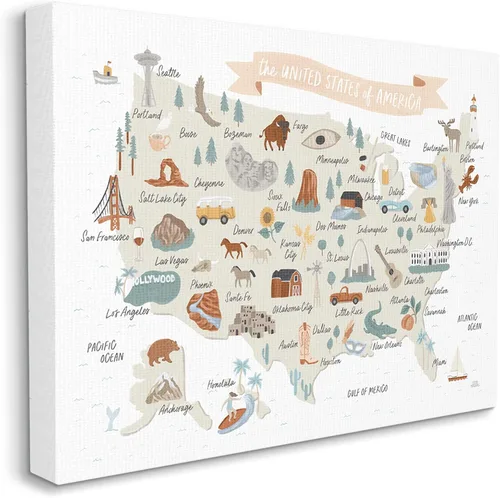 Vista 3 de Stupell Industries Lienzo decorativo para pared, diseño de mapa de referencia ilustrado de Estados Unidos, diseño de Laura Marshall, 30 x 24