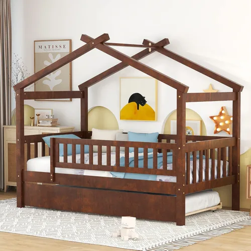 Vista 72 de Merax Cama de madera de tamaño individual con dos cajones, marco de cama de madera con techo para niños, adolescentes, niños o niñas, gris