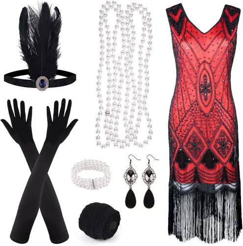 Vista 2 de PLULON 1920s Sequin Beaded Fringed Flapper Dress with 20s Accessories Set