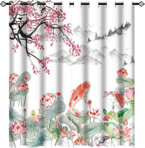 Vista 30 de Cortinas retro de pez japonés para dormitorio, estilo rústico, asiático, japonés, flor de cerezo, aislamiento térmico, oscurecimiento