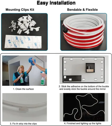 Vista 4 de Luces LED regulables para espejo, tira de luz LED impermeable de silicona de 16.4 pies, 12 V, sin puntos y sin reflejos, luz de cinta flexible sin