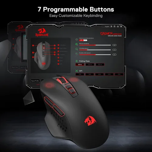 Vista 8 de Redragon M656 Gainer - Mouse inalámbrico para juegos, 4000 DPI 2.4Ghz mouse inalámbrico con 5 niveles de DPI, 7 botones macro, retroiluminación LED