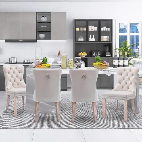 Vista 4 de SoarFlash Juego de 2 sillas de comedor de terciopelo, silla lateral de respaldo alto, silla lateral moderna tapizada de alta gama con botones Beige