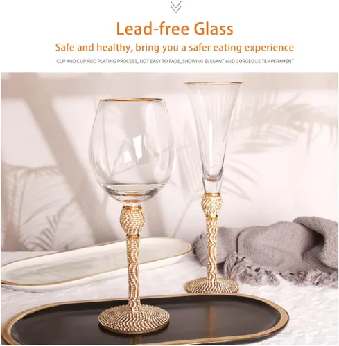 Vista 3 de Copas de vino tinto con diamantes de imitación, copas de champán con borde dorado, copas de vino de diamante, cristalería de tallo largo para bodas